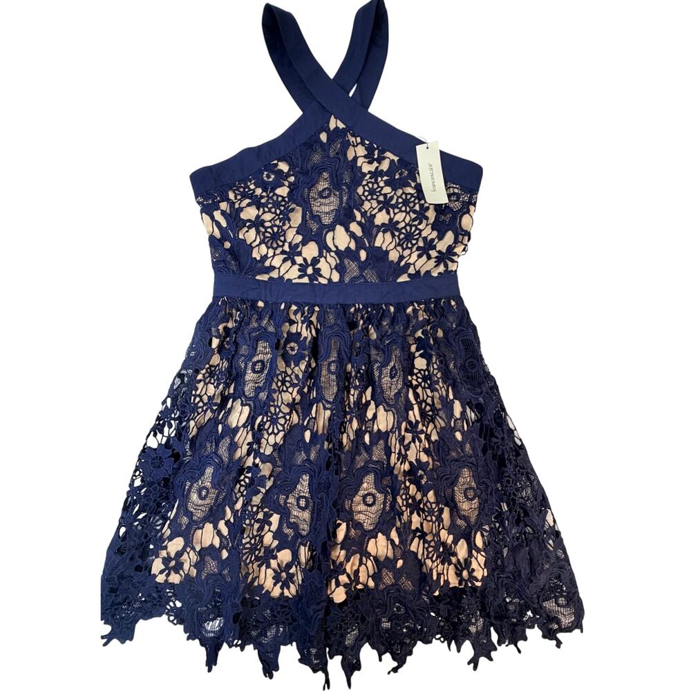 NWT Francesca’s Blue Lace Fit & Flare Halter Dress Floral Overlay Women’s M